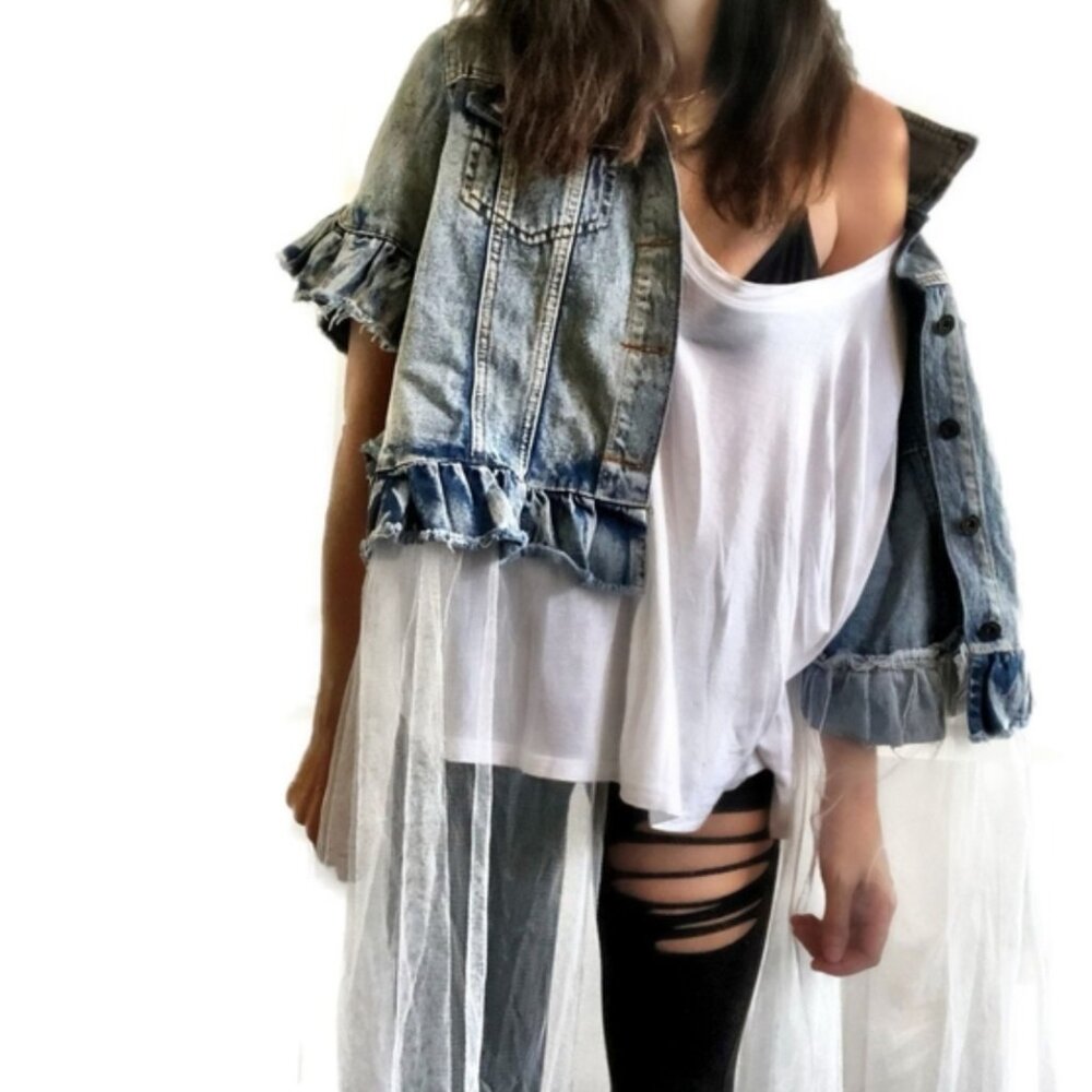 Wren + Glory denim jacket Art to Wear white tulle skirt shaka sign hands o/s